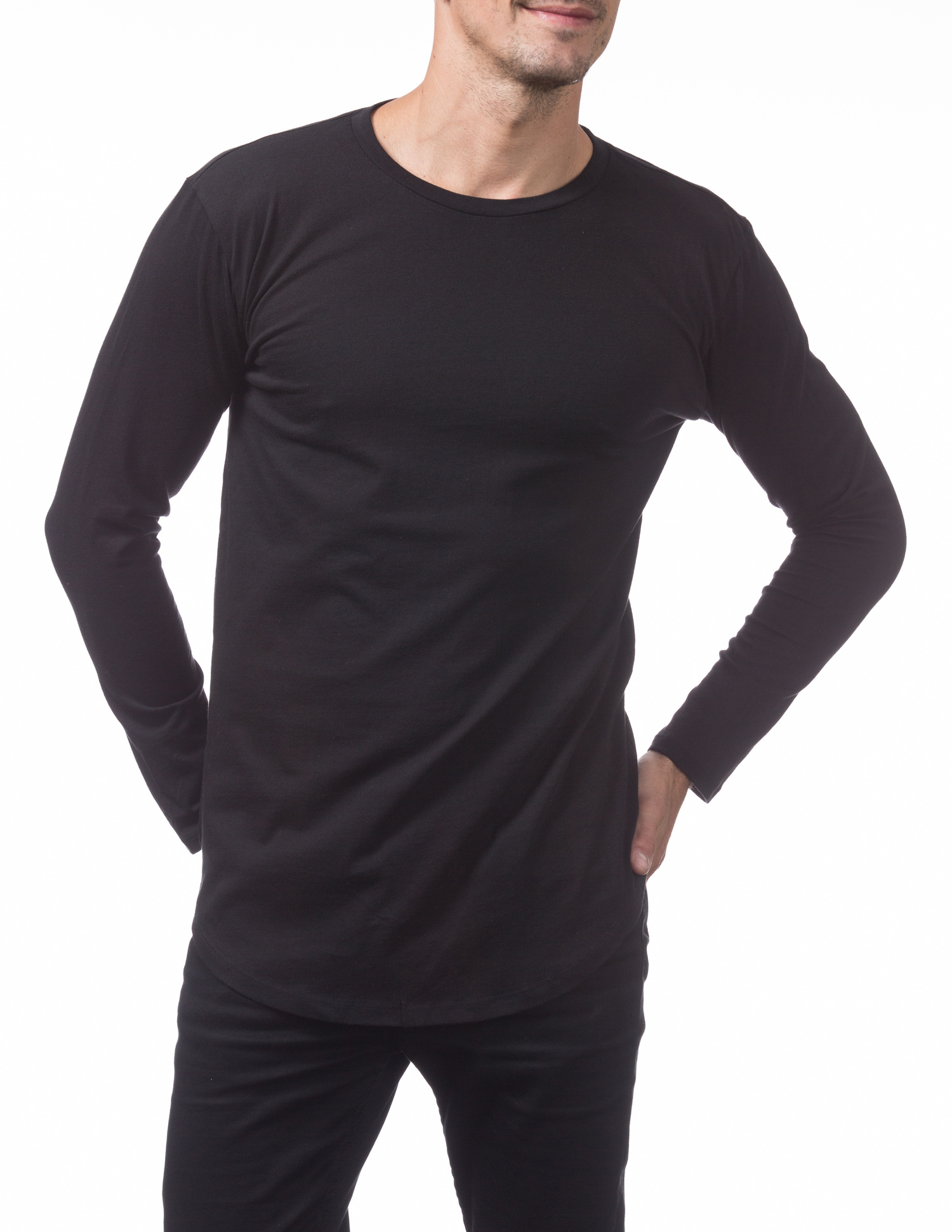 118 BLACK Curved Hem Longline Tall Long Sleeve Tee - Lightweight